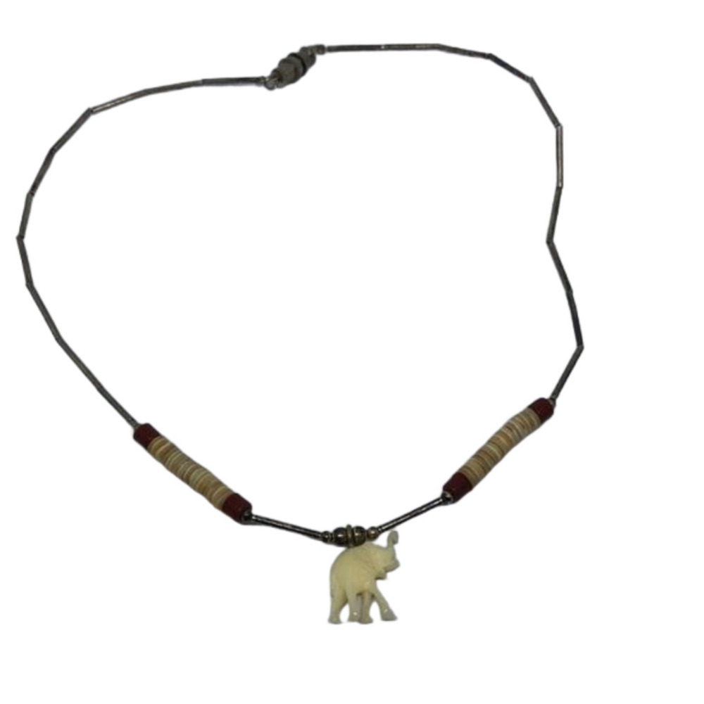 VINTAGE sterling silver liquid chain necklace elephant bone carved pendant boho